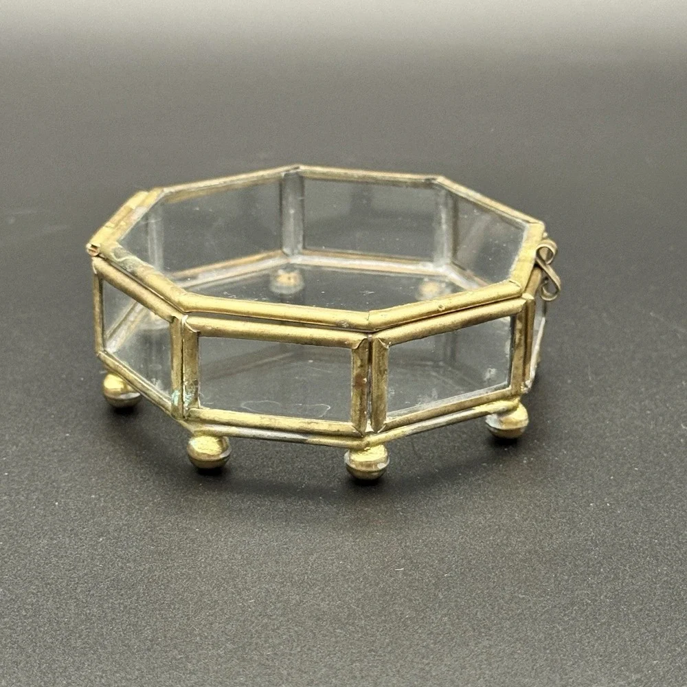 Vintage Brass & Glass Octagon Trinket Box Casket Jewelry Box Hinged Lid 3.5